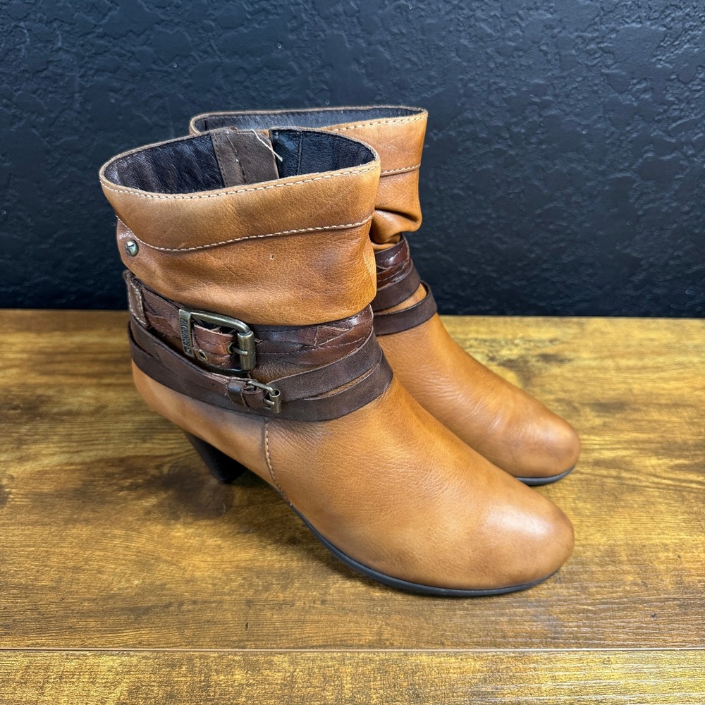 Pikolinos Verona Tan Brown Leather Buckle Ankle Boots Women Size 38 EU US 7.5-8